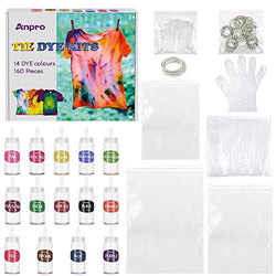Anpro160PCS Tie-dye DIY Kit (100ml per Bottle), 14 Colours Permanent All-in-1 Tie Dye kit with 120PCS Rubber Bands, Gloves, Apron and Table Covers for Craft Arts Fabric Textile Party DIY Handmade