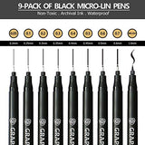 Black Micro-Pen Finliner Ink Pens - 9 Size Waterproof Archival Ink Micro Fine Point Drawing Pens for Sketching, Artist Illustration, Anime, Manga, Technical Drawing, Scrapbooking, Bullet Journaling