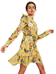 Floerns Women's Long Sleeve Ruffle Trim Self Tie Floral Print Short Dress A Yellow XS