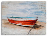 Nautical Canvas Wall Art Hand Painted Red Boat Still Life Painting Modern Coastal Pictures Aesthetic Artwork for Living Room Bedroom Bathroom Decor