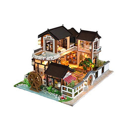 Domybest DIY Wooden Dolls House Handcraft Miniature Kit, House Model Furniture Building Blocks Gift Toys (China Style Town)