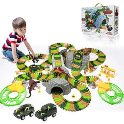 TEMI 348 PCS Dinosaur Race Track Toys Set w/ 6 Jurassic Dino Figures, 2 Electric Jeep Car, Educational Twisted Flexible Train Track Playset w/ Rockery Tree Arch Bridge for Kids, Boys & Girls Ages 3+