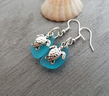 Handmade in Hawaii,"Twin Turtles" Turquoise Bay blue sea glass earrings, December Birthstone",(Hawaii Gift Wrapped, Customizable Gift Message)