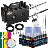 OPHIR Double Outlet Airbrush Compressor with 1L Air Tank & 2X Airbrushes Kit with 12 Colors of Airbrush Acrylic Paint Set, 5X Cleaning Brush, 20x Measuring Cups