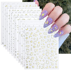 12 Sheets Gold Nail Art Stickers Silver Star Nail Decals 3D Self-Adhesive Nail Foil Flakes Metallic Star Moon Heart Geometry Nail Stickers Design for Women Girls Nail Supplies Manuicure Decoration