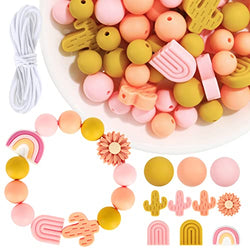AnyDesign 92Pcs Boho Silicone Beads with String Boho Rainbow Cactus Shaped Beads Colorful Silicone Loose Round Spacer Beads for DIY Crafts Necklace Bracelet Jewelry Keychain Making
