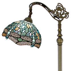 Tiffany Style Reading Floor Lamp Sea Blue Stained Glass with Crystal Bead Dragonfly Lampshade 64