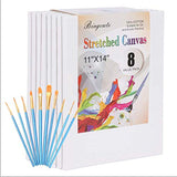 Canvas Boards for Painting 11x14, Pre Stretched Canvas Blank White Value Pack of 8 Primed Canvases Panels 5/8" Thick 100% Cotton for Acrylics Oil Painting with 10pcs Brushes for Adults Kids