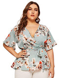 Romwe Women's Plus Size Floral Print Short/Long Sleeve Belt Tie Peplum Wrap Blouse Top Shirts Blue Floral 2XL