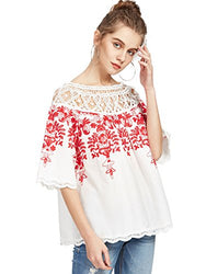 Romwe Women's Cold Shoulder Floral Embroidered Lace Scalloped Hem Blouse Top White Large