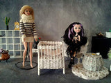 Miniature crib with mattress. 1:6 scale doll wicker miniature cradle for dollhouse. White color furniture