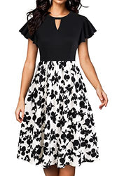 BOKALY Women’s Elegant Black White Party Dresses Ruffles Short Sleeve Cutout Floral Print Pockets Aline Dresses(BK154-Black W Flo P1,M)