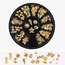 12Styles Nail Art Metal Studs Stickers Gold Metallic Rivet Palm Tree Turtles Marine Life Charms for Summer Beach Ocean Manicure DIY Acrylic Nails Design Supply (Gold Ocean Studs)