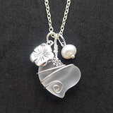Yinahawaii Handmade Sea Glass Necklace, Hawaiian Jewelry For Women, Wire Crystal Necklace Heart Necklace, Hibiscus Pearl Necklace, Sea Glass Jewelry For Women Birthday Gift (April Birthstone Jewelry)