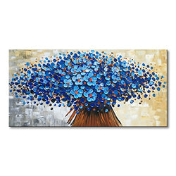 Winpeak Art Hand Painted Abstract Canvas Wall Art Modern Textured Blue Flower Oil Painting Contemporary Artwork Floral Hanging Home Decoration Stretched And Framed Ready to Hang (48"W x 24"H, Blue)