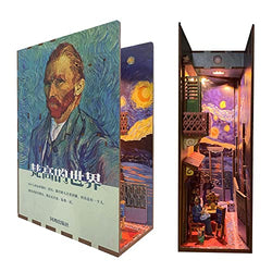 Buladle Book Nook Kit DIY Miniature Dollhouse Kit Bookshelf Insert Bookend Decor with Motion Sensor Lights Van Gogh Starry Sky 3D Wooden Puzzles Gifts for Birthday