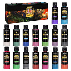 HERFUNNER Metallic Acrylic Paint Set 16 Colors Metallic Paints Non Toxic Craft Paint Professional for Artists Kids Painting on Canvas Wood Fabric, Rich Pigment & No Fading, 2 OzBottle
