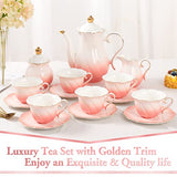 DUJUST 22 pcs Porcelain Tea Set for 6, Elegant British Style Tea/Coffee Cup Set with Golden Trim, Beautiful Tea Set for Women, Tea Party Set, Gift Package (With a Stand) - Gradient Pink