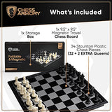 Chess Armory Travel Chess Set 9.5" x 9.5"- Mini Chess Set for Kids with Folding Magnetic Chess Board Storage Box, & 2 Extra Queen Pieces - Portable Chess Set Board Game