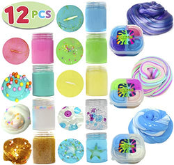 12 PCs Ultimate Silly Fluffy Slime Putty Kit Supplies ALL IN ONE with Cloud, Unicorn, Galaxy, Mermaid Sea, Fruit, Clear, Foam, Rainbow, Glitter, Fishbowl Fun Glossy Smiles in Containers for Kids.