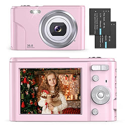 Digital Camera - Compact Vlogging Camera 1080P with 36.0 Mega Pixels 16X Digital Zoom, 2 Batteries, AUFOYA Portable Mini Camera for Photography, Kids, Students, Teens, Adult (Pink)
