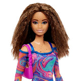 Barbie Fashionistas Doll #206 with Crimped Hair and Freckles, Wearing Rainbow Marble-Print Dress with Green Mules and Purse Green Small