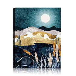 Abstract Canvas Wall Art Forest Mountain Moonlight Canvas Artwork Modern Nordic Landscape Canvas Pictures for Living Room Home Decoration Wooden Framed Stretched Ready to Hang