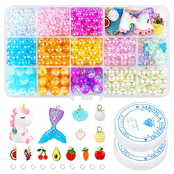 Bracelet Making Kit for Girls Kids - Crafts Beads for Jewelry Making with Unicorn Mermaid Tail Fruits Charms - 400+ Colored Crystal Beads Pearls Crackle Glass Beads for Bracelets Necklaces Making