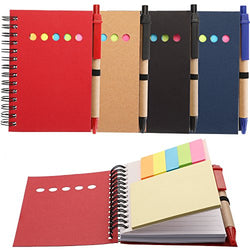 Maxdot 4 Pieces Kraft Paper Steno Pocket Business Notebook Spiral Lined Notepad Set with Pen in Holder, Sticky Colored Notes Page Marker Tabs (4 Colors Cover)