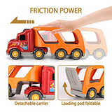 TEMI Carrier Truck Transport Car Play Vehicles Toys - 5 in 1 Friction Power Set w/ Real Siren Sound & Bright Flashing Light, Push and Go Play Vehicles Toys with Mini Cartoon Bus/Taxi/Airplane