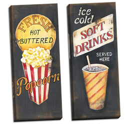 The Studio Resource, Inc. Movie Night! Old-Fashioned Cinema Fresh Hot Buttered Popcorn and Ice Cold Soft Drinks Refreshment Panels; Two 8x20in Stretched Canvases