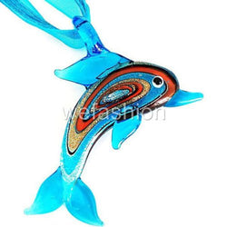 Silver Foil Aqua Dolphin Lampwork Murano Glass Bead Pendant Ribbon Necklace Cord