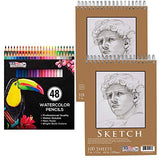U.S. Art Supply 48 Piece Watercolor Artist Grade Water Soluble Colored Pencil Set Bundled with 9" x 12" Premium Spiral Bound Sketch Pad, (Pack of 2 Pads) Each Pad has 100-Sheets, 60 Pound (100gsm)