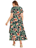 Milumia Plus Size Casual V Neck Belted Empire Waist Asymmetrical Maxi Dress Green Floral Large Plus