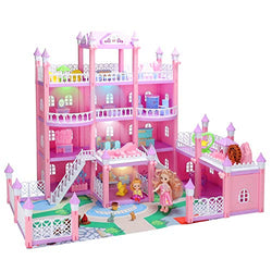Dreamhouse, Dollhouse with LED Light/4 Floors/3 Dolls/Furniture Accessories, DIY Pretend Play Doll House with Bedroom, Kitchen, Bathroom Dreamy Princess House Pretend Toy Gift for Toddler Girls 3+