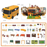 Mitcien Dollhouse Playset, DIY Pretend Portable School Bus Toy Kit with Little Critters Bunny Dolls Mini Cottage House Set School Playground Family Toys for Toddler 3 4 5 6 Year Old Girl