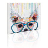 FLY SPRAY 1 Panel Framed 100% Hand Painted Oil Paintings Canvas Wall Art Colorful Dog with Glasses Animal Modern Abstract Artwork Painting for Living Room Bedroom Office Home Decoration