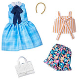 Barbie Fashions 2-Pack Clothing Set, 2 Outfits Doll Include Blue Plaid Dress, a Striped Tie Top, Floral Shorts & 2 Accessories, for Kids 3 to 8 Years Old