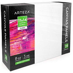 Arteza 11x14" White Blank Canvas Panels Boards, Bulk Pack of 28, Primed, 100% Cotton for Acrylic