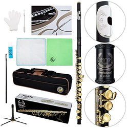 Rhythm C Flutes with Engraved Flower Closed Hole 16 Keys Flute For Student, Beginner with Cleaning Kit, Stand, Carrying Case, Gloves, Tuning Rod, Black with Laquer Keys