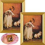 Skylety 2 Pieces Dollhouse Decoration Accessories 1:12 Dollhouse Miniature Painted Wooden Frame Mural Accessories Golden Plastic Frame Girl and Cat Oil Painting Miniature Dollhouse Furniture