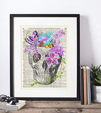 Skull With Flowers and Crystals Upcycled Vintage Dictionary Art Print 8x10