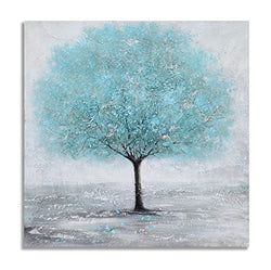 RICHSPACE ARTS Teal and Grey Rustic Wall Art Decor with Tree pictures on Large Square Canvas Hand Painted Turquoise Painting Artwork with Texture for Bedroom Living Room Dining Room Entryway(20*20)