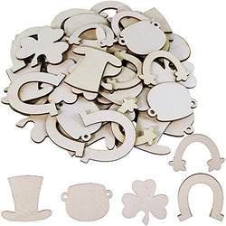 50 Pcs 5 Shapes Blank Wooden Ornaments Unfinished Wood Shamrock Horseshoe Rainbow Leprechaun Hat Pot of Gold Cutouts for St. Patrick's Day Crafts Party Favors DIY Decorations