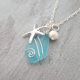 Yinahawaii Sea Glass Necklace, Hawaiian Jewelry For Women, Wire Turquoise Blue Necklace, Pearl Starfish Necklace Beach Jewelry, Sea Glass Jewelry Beach Necklace, Birthday Gift (December Birthstone)