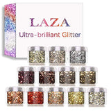 Laza Autumn Nail Glitter, 12 Colors Acrylic Nails Art Glitter Powder Sequin, Retro Copper Iridescent Flake Paillette Sparkle Tip 120g for Gel Polish, Face, Eyes, Body, Hair, Jewelry, Resin -Golden Age