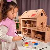 Handmade Wood Doll House 3-8 Year Old, DIY Waldorf Montessori Toys for Toddler, Wooden Dollhouse for Kids, Miniature Model Kit with Role Playing Furniture, Paintable Educational Toy