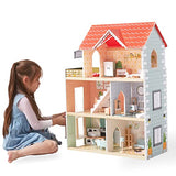 Giant Bean Wooden Doll House, 2.6-ft Tall DIY Miniature Dollhouse Kit with Elevator, Doorbell & Light, 15 Pieces Furniture, Large Toy Gift for Kids Girls Ages 3+