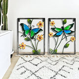 HONGLAND 3D Metal Wall Art Decor, Metal Dragonfly Wall Decor with Frame, Butterfly Glass Art Wall Sculpture, Home Decor Holiday Gift for Women-16 inch (2pcs)