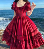 French Solid Elegant Court Lolita Dress Short Sleeve Ruffled Big Swing Dresss (S, MIQ007-2)